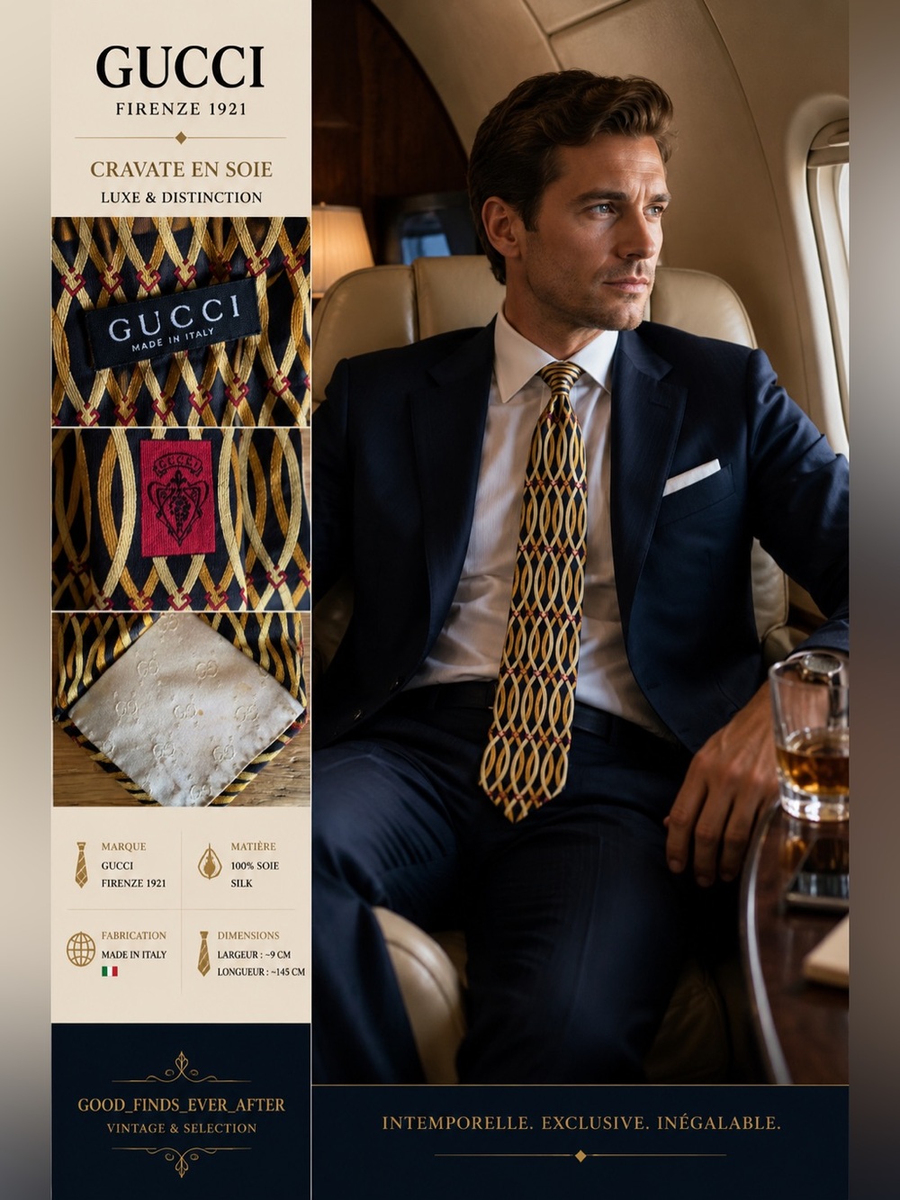 Gucci Men's Silk Tie in Gold, Black and Red Geometric Pattern